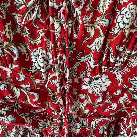 Anthropologie EUC Feather Bone Floral Lace-Up Peplum Blouse Red Size 4 - Picture 4 of 16